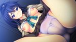  1girl aotonbo areolae ass blue_eyes blue_hair bra bra_lift breasts cameltoe game_cg highres legs long_hair looking_at_viewer lying nipples ohanabatakerun on_back panties ponytail school_uniform shirt_lift skirt small_breasts smile solo sweat thighs underwear xx_of_the_dead 