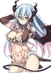  amira_(shingeki_no_bahamut) armor bikini_armor black_wings bracelet breasts cleavage contrapposto cowboy_shot cropped_legs demon_girl demon_tail granblue_fantasy hair_between_eyes horns jewelry large_breasts long_hair midriff mokoke multicolored_hair navel pauldrons pink_hair pubic_tattoo shingeki_no_bahamut shingeki_no_bahamut:_genesis silver_hair simple_background slit_pupils solo standing tail tattoo two-tone_hair white_background wings yellow_eyes 