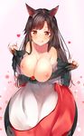  :q animal_ears bare_shoulders blush breasts brown_hair cleavage dress female fingernails gradient gradient_background imaizumi_kagerou large_breasts long_hair looking_at_viewer nipples red_eyes smile solo tail tongue tongue_out touhou undressing wolf_ears wolf_tail yukizumi_remon 