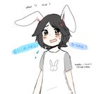  1boy 4chan animal_ears black_hair blush brown_eyes bunny_boy bunny_ears drawfag english flying_sweatdrops hair_ornament hairpin hiroyuki_nishimura nishimura_hiroyuki_(4chan) open_mouth shirt short_hair simple_background solo sweatdrop tears white_background 