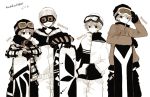  4boys adjusting_goggles anzu_(o6v6o) arm_around_shoulder beanie character_name coat fur-trimmed_coat fur_trim genderswap genderswap_(ftm) gloves goggles goggles_on_headwear greyscale grin gumiya hand_in_pocket hat hatsune_mikuo kagamine_len kagamine_rinto leaning_on_object looking_at_another male_focus monochrome multiple_boys pants plaid_coat ski_goggles smile snowboard striped sweatdrop translation_request v-shaped_eyebrows vocaloid winter_clothes 