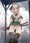  black_hairband black_legwear blue_eyes blush eyebrows eyebrows_visible_through_hair hairband hitodama konpaku_youmu konpaku_youmu_(ghost) panties short_hair silver_hair skirt skirt_lift solo standing sword thighhighs touhou underwear weapon wet wet_clothes white_panties yukizumi_remon 