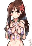  amagi_(kantai_collection) bare_shoulders blush breasts brown_eyes brown_hair embarrassed flower hair_flower hair_ornament japanese_clothes kantai_collection kimono large_breasts long_hair looking_at_viewer mole mole_under_eye p.k.f ponytail remodel_(kantai_collection) solo torn_clothes upper_body wavy_mouth 