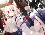  animal_ears autumn_leaves blush detached_sleeves hat inubashiri_momiji leaf looking_at_viewer pom_pom_(clothes) red_eyes ribbon-trimmed_sleeves ribbon_trim sanasanayukikuni shadow short_hair silver_hair skirt smile solo tokin_hat touhou wolf_ears 