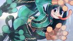  1girl 27_degrees ass asui_tsuyu bodysuit boku_no_hero_academia female frog_girl full_body long_hair looking_at_viewer pixiv_thumbnail saliva smile 