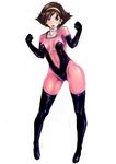  blue_eyes blush bodysuit boots breasts brown_hair cameltoe choker clenched_hands commentary_request covered_navel covered_nipples earrings elbow_gloves full_body g_gundam gloves gundam hairband highres jewelry johan_(johan13) mobile_trace_suit pink_bodysuit rain_mikamura short_hair skin_tight small_breasts solo thigh_boots thighhighs white_background 