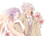  1girl bad_id bad_pixiv_id blue_hair bridal_veil closed_eyes couple dress flower gloves grey_hair hetero klarth_lester long_hair meguri_(lunge) milard_rune smile tales_of_(series) tales_of_phantasia veil wedding_dress 