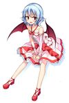  adapted_costume asymmetrical_gloves bare_shoulders bat_wings bow dress gloves high_heels junior27016 lavender_hair looking_at_viewer no_hat no_headwear no_socks pink_dress pointy_ears red_bow red_eyes red_footwear red_ribbon remilia_scarlet ribbon shoes short_hair sitting solo touhou wings 