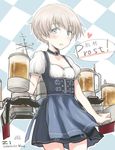  alcohol apron beer beer_mug blue_apron blue_eyes bun'ya_(0874cirno141) character_name checkered checkered_background choker cowboy_shot cup dirndl dress german german_clothes heart highres holding holding_cup iron_cross kantai_collection looking_at_viewer machinery oktoberfest pale_skin puffy_short_sleeves puffy_sleeves short_dress short_hair short_sleeves silver_hair solo translated underbust waist_apron z1_leberecht_maass_(kantai_collection) 