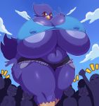  2018 5_fingers absurd_res anthro avian beak being_watched belly big_breasts big_butt big_thighs bird blush breasts busty_bird butt clothed clothing cloud corvid crow crowd deep_navel digital_media_(artwork) feathers female group hi_res huge_breasts hyper hyper_breasts looking_at_viewer navel nipple_bulge non-mammal_breasts outside public red_eyes shorts sky slightly_chubby sssonic2 tail_feathers thick_thighs v_sign voluptuous wide_hips 