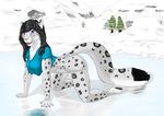  2015 all_fours black_hair blush bottomless claws cleavage clothed clothing feline female fur hair half-dressed ice lake leopard looking_at_viewer mammal mountain open_mouth pawpads plejman purple_eyes reflection shading shirt smile snow snow_leopard solo spots spotted_fur tree 