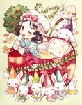  ^_^ apple bed black_hair blush book child closed_eyes dress dwarf_(grimm) flower food fruit grimm's_fairy_tales hat mob_cap mokarooru one_eye_closed original oversized_object pillow plant red_eyes ribbon-trimmed_headwear ribbon_trim short_hair smile snow_white snow_white_(grimm) solo stuffed_animal stuffed_bunny stuffed_toy vines wavy_hair yawning 