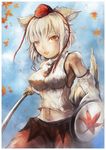  animal_ears autumn_leaves breasts detached_sleeves hat highres inubashiri_momiji leaf looking_at_viewer medium_breasts midriff navel open_mouth pom_pom_(clothes) red_eyes shield short_hair silver_hair skirt solo sword tail tokin_hat tomoichi touhou weapon wolf_ears wolf_tail 