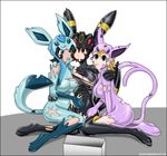  blue_eyes bodysuit box brown_eyes clothing eeveelution espeon female glaceon goo group hug kneeling nintendo pok&eacute;mon rosvo rubber simple_background skinsuit symbiote transformation umbreon video_games white_background 