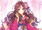  blue_eyes boots brown_hair flower gambe hair_flower hair_ornament highres holding holding_shoes ichinose_shiki idolmaster idolmaster_cinderella_girls japanese_clothes kimono long_hair looking_at_viewer shoes shoes_removed smile solo 