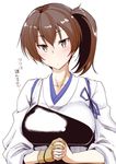  bad_hands blush breasts brown_eyes brown_hair fue_(rhomphair) gloves hair_between_eyes hands_clasped japanese_clothes kaga_(kantai_collection) kantai_collection large_breasts long_hair looking_at_viewer muneate own_hands_together partly_fingerless_gloves ribbon side_ponytail simple_background single_glove solo tasuki translation_request upper_body white_background yugake 