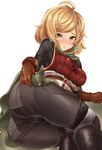  ass blonde_hair breasts brown_eyes cameltoe earrings granblue_fantasy highres jewelry looking_at_viewer medium_breasts short_hair simple_background sin_(kami148) solo teena_(granblue_fantasy) tight white_background 