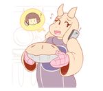  ? brown_hair caprine cellphone female food goat goatmom hair horn human mammal phone pie protagonist_(undertale) toriel undertale unknown_artist 