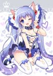  ;d animal_ears bare_shoulders blue_eyes blue_hair blush bow breasts cat_ears cleavage collar hair_ornament hair_ribbon heart high_heels highres large_breasts long_hair looking_at_viewer mauve one_eye_closed open_mouth original ribbon sitting smile solo thighhighs twintails underwear very_long_hair wariza white_legwear wrist_cuffs 