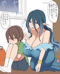  1girl backpack bag bare_shoulders blue_eyes blue_hair bracelet breasts brown_hair cleavage commentary_request dress earrings head_on_knees highres huge_breasts jewelry kloah kneeling knees_to_chest leg_hug long_hair looking_away no_shoes pointy_ears pout rain short_hair short_sleeves shorts sitting sketch tears translated tube_socks wavy_mouth window 