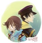  artist_name back-to-back black_hair brown_hair copyright_name crow_(fragile) eun_se fragile:_sayonara_tsuki_no_haikyo green_eyes grey_eyes hat male_focus multiple_boys seto_(fragile) watermark 