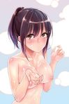  blush breasts brown_eyes brown_hair cleavage cum cum_on_body cum_on_breasts cum_on_upper_body facial highres large_breasts looking_at_viewer napata nipples nude original parted_lips ponytail solo 