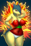  2014 abstract_background anthro anthrofied bedroom_eyes big_breasts breasts camel_toe clothed clothing elpatrixf female fire half-closed_eyes hand_behind_head looking_at_viewer navel nintendo nipples panties pok&eacute;mon pose red_eyes smile solo standing thick_thighs typhlosion underwear video_games white_sclera wide_hips 