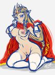  areolae blonde_hair blush breasts cape crown earrings forehead_jewel gloves huge_nipples inuki_(aruurara) jewelry kneeling looking_at_viewer naked_cape navel nipples nude pointy_ears princess_zelda pubic_hair pussy sidelocks sketch solo the_legend_of_zelda thighhighs white_gloves white_legwear zelda_musou 