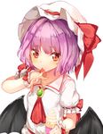  ascot bat_wings blush food hat hat_ribbon ice_cream lavender_hair licking looking_at_viewer mob_cap puffy_sleeves red_eyes remilia_scarlet ribbon sash short_hair short_sleeves simple_background solo tongue tongue_out touhou upper_body white_background wings wrist_cuffs yukizumi_remon 