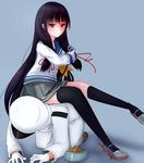  black_hair femdom hair_ribbon human_chair human_furniture isokaze_(kantai_collection) kantai_collection leash looking_at_viewer pet_play red_eyes ribbon simple_background sitting_on_person skirt smile thighhighs very_long_hair 