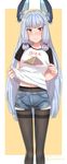  2015 bad_id bad_twitter_id black_legwear blush clothes_writing contemporary crotch_seam dated denim denim_shorts fashion highres kantai_collection kyuuso_inukami legwear_under_shorts long_hair looking_at_viewer murakumo_(kantai_collection) navel pantyhose pantyhose_under_shorts pyramid shirt_lift shorts solo thighband_pantyhose twitter_username white_hair yellow_eyes 