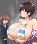  1girl bikini_top breasts brown_eyes cleavage covering covering_crotch gigantic_breasts highres idolmaster idolmaster_cinderella_girls jacket jumpsuit kloah oikawa_shizuku one_eye_closed open_clothes open_jacket short_hair skindentation smell steaming_body sweat wavy_mouth 