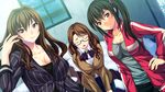  3girls aotonbo black_hair blush breasts brown_eyes brown_hair cleavage eyes_closed game_cg glasses hand_on_hip highres jacket large_breasts long_hair looking_at_viewer multiple_girls ohanabatakerun open_mouth purple_eyes side_ponytail skirt smile snow standing suit xx_of_the_dead 