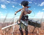  attack_on_titan black_hair city clothing female hair jacket melee_weapon sword weapon 