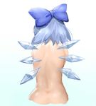  back bad_id bad_pixiv_id bakkanki blue_hair cirno facing_away from_behind gradient gradient_background hair_ornament hair_ribbon ice ice_wings nude ribbon short_hair solo touhou wings 