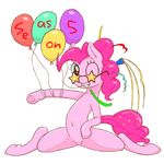  balloon blue_eyes earth_pony english_text equine eyewear female friendship_is_magic fur glasses hair horse kiriya looking_at_viewer mammal my_little_pony navel one_eye_closed pink_fur pink_hair pinkie_pie_(mlp) pony simple_background smile solo teeth text 