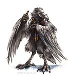  2015 alcohol anthro avian beer beverage bird black_feathers blue_eyes claws corvid crow digitigrade feathered_wings feathers female food kenket looking_back pose scales scarf simple_background solo talons white_background wings 