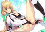  angela_balzac bare_shoulders black_gloves blonde_hair blue_eyes blush boots breasts cameltoe commentary_request covered_navel covered_nipples elbow_gloves gloves grin hair_ornament headgear highres kawakami_rokkaku knee_boots large_breasts leg_lift leotard long_hair looking_at_viewer low_twintails lying md5_mismatch partially_visible_vulva rakuen_tsuihou simple_background skin_tight smile solo spread_legs star twintails very_long_hair white_background 