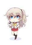  blue_eyes blush_stickers camera charlotte_(anime) chibi kaleido_yuki school_uniform side_ponytail silver_hair simple_background solo tomori_nao white_background 