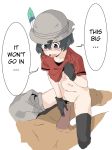  10s 1boy 1girl bar_censor black_hair blue_eyes censored cowgirl_position dark_skin dark_skinned_male feathers girl_on_top gloves hard_translated hat highres imminent_sex kaban_(kemono_friends) kemono_friends muchi_maro open_mouth pants_around_one_leg precum shirt_lift short_hair sketch speech_bubble straddling sweatdrop thighhighs torn_clothes torn_hat translated uncensored white_background 