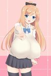  blonde_hair blue_eyes blush breasts covered_nipples gigantic_breasts highres long_hair looking_at_viewer nehani_(tworship) school_uniform smile solo thighhighs v 