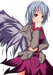  covering_mouth dress hand_over_own_mouth jacket kishin_sagume red_eyes short_hair silver_hair single_wing solo tendo touhou wings 
