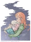  anna_(frozen) bed blonde_hair elsa_(frozen) frozen_(disney) hair_down hug laikaken multiple_girls orange_hair pajamas siblings sisters sleeping 