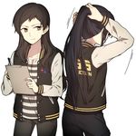  back-to-back black_hair brown_eyes brown_hair bunching_hair idolmaster idolmaster_million_live! jacket kitazawa_shiho letterman_jacket long_hair mogami_shizuka multiple_girls pclbang ponytail uniform 