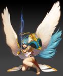 angel aqua_hair bad_id bad_twitter_id byam halo long_hair open_mouth shield solo sword very_long_hair weapon wings 