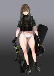  absurdres ammunition assault_rifle bangs black_gloves brown_hair bulletproof_vest girls_frontline gloves gun highres ihobus long_hair looking_at_viewer m4_carbine m4a1_(girls_frontline) magazine_(weapon) panties plate_carrier rifle sleeves_rolled_up smile sweater thighs underwear weapon white_panties 