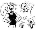  ! angry black_and_white blush dialogue dynjir english_text eye_patch eyewear female fish frown laugh marine monochrome monster open_mouth sharp_teeth smile solo speech_bubble teeth text tongue undertale undyne 