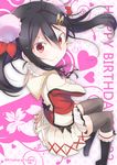  &gt;:) black_footwear black_hair black_legwear boots bun_cover crossed_arms from_side hair_between_eyes happy_birthday heart kitahara_tomoe_(kitahara_koubou) knee_boots looking_to_the_side love_live! love_live!_school_idol_project red_eyes sitting skirt smile solo sore_wa_bokutachi_no_kiseki thighhighs twintails twitter_username v-shaped_eyebrows yazawa_nico zettai_ryouiki 