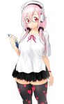  bespectacled blush book breasts cleavage commentary glasses headphones highres large_breasts long_hair looking_at_viewer nitroplus onsoku_maru pink_hair red_eyes smile solo super_sonico thighhighs zettai_ryouiki 