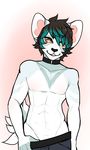  abs anthro black_hair canine clothed clothing collar fur grey_background hair half-closed_eyes half-dressed invalid_tag looking_at_viewer male mammal multicolored_hair navel okka simple_background smile solo teeth topless two_tone_hair white_fur 